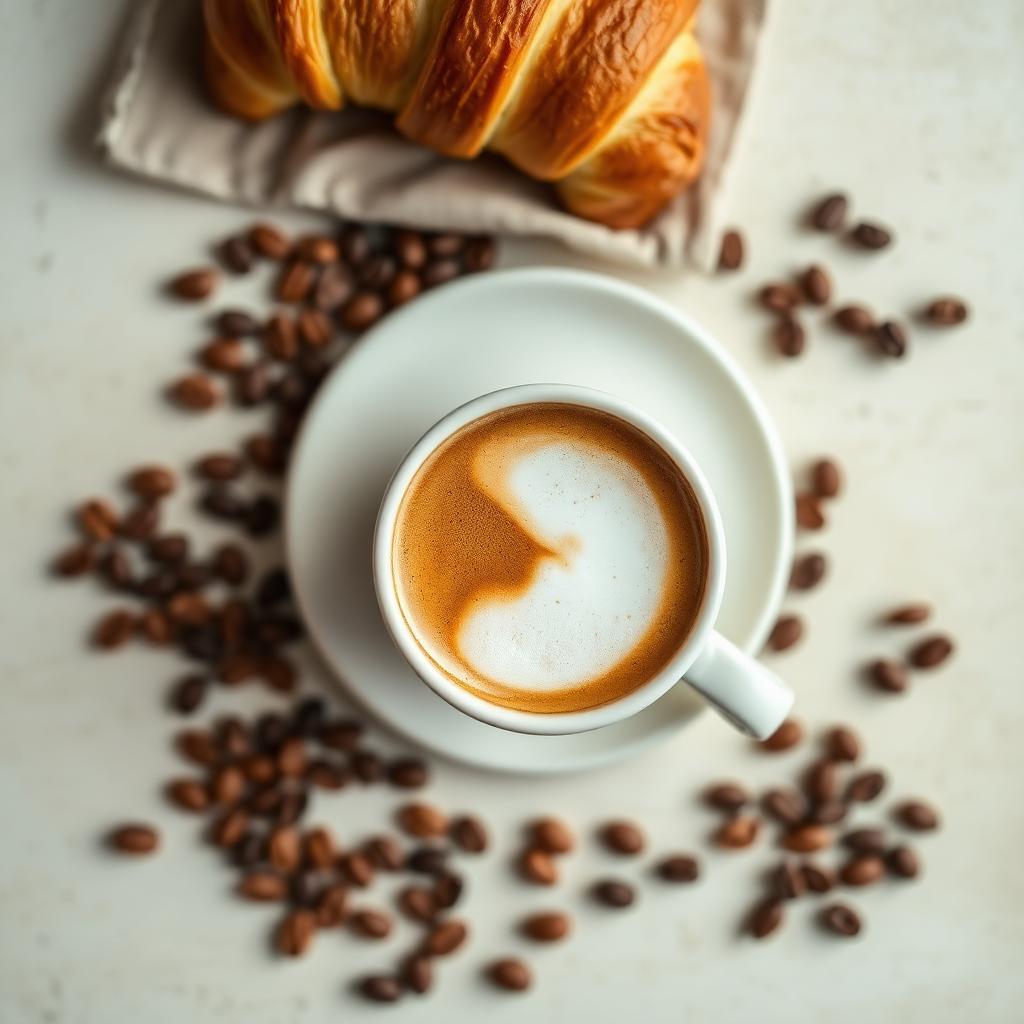 A flat white with latte art beside a croissant and scattered coffee beans