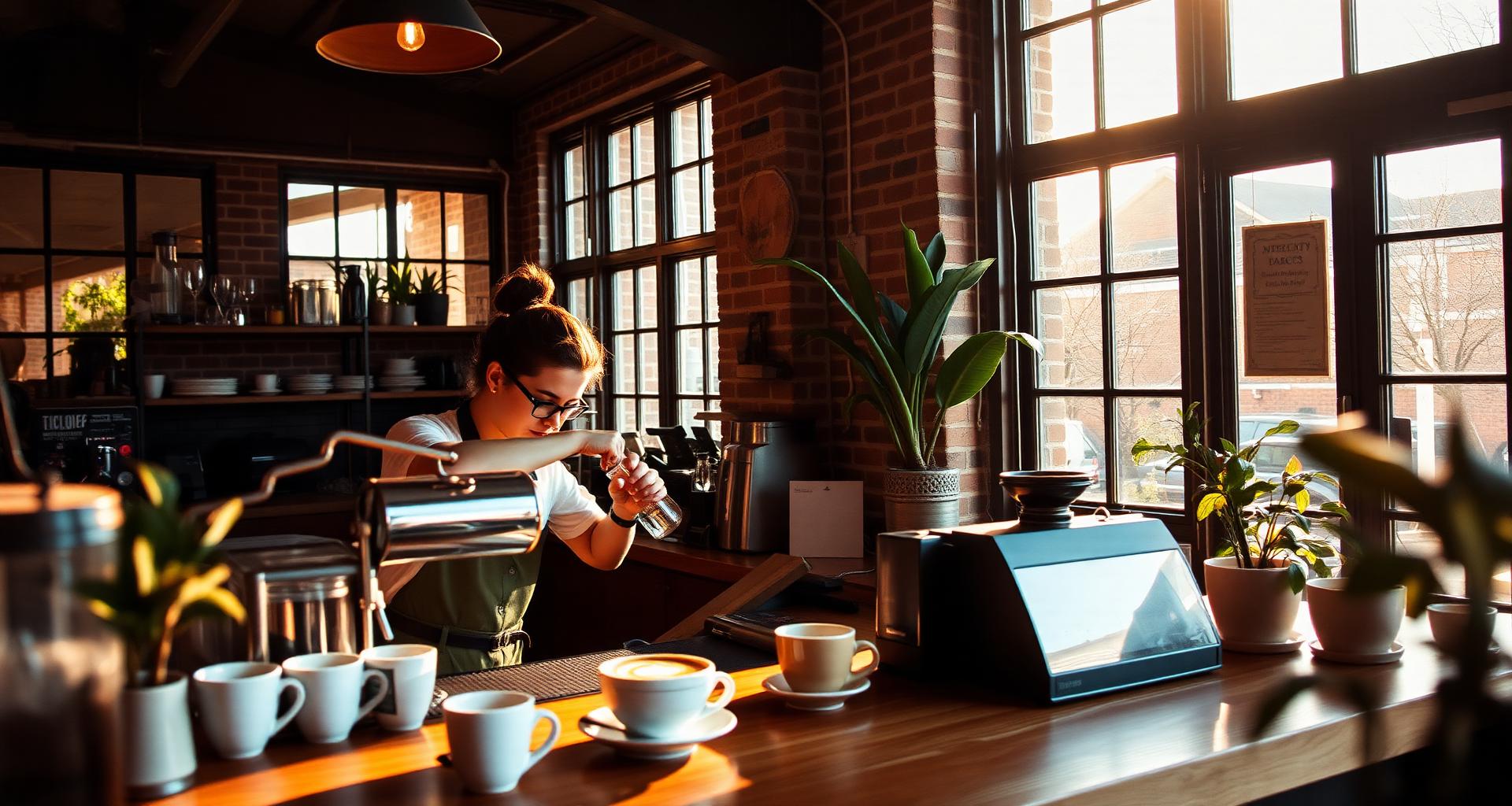 A barista crafting coffee in a warm, sunlit South African coffee shop